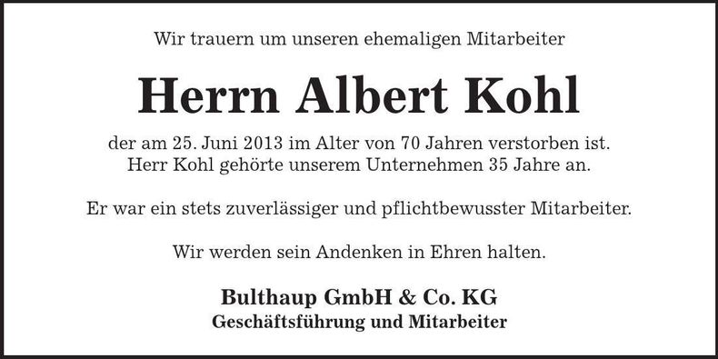 Traueranzeige Albert Kohl
