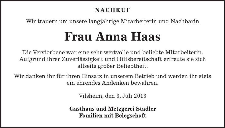 Traueranzeige Anna Haas