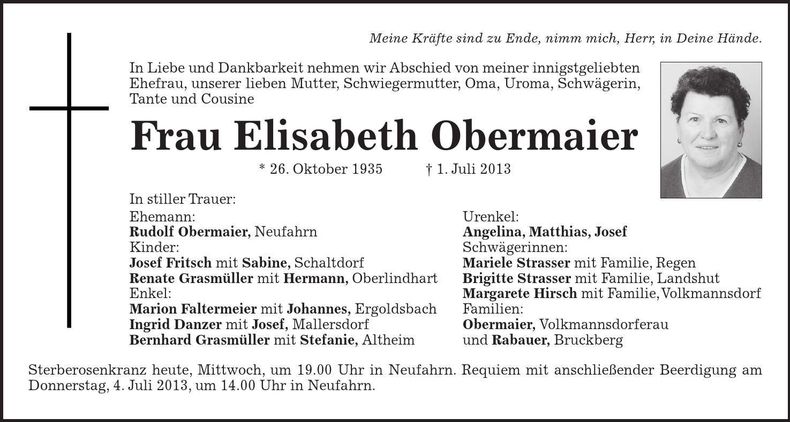 Traueranzeige Elisabeth Obermaier