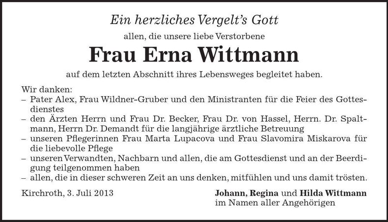 Traueranzeige Erna Wittmann