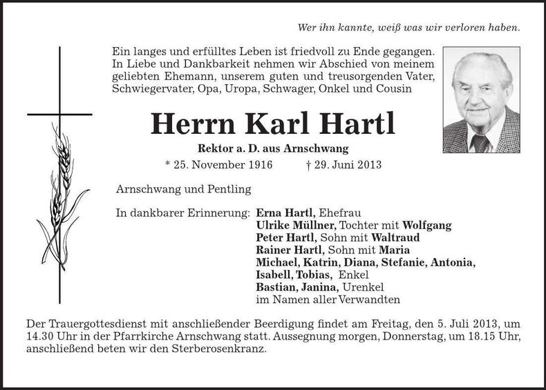 Traueranzeige Karl Hartl