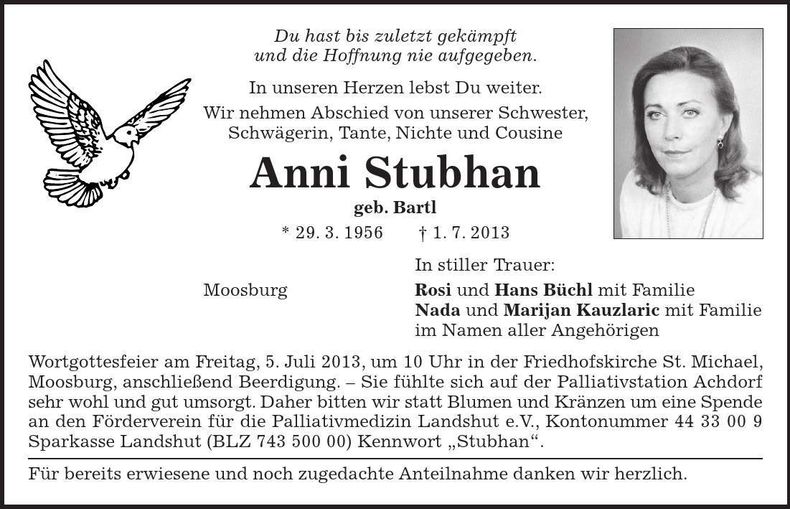Traueranzeige Anni Stubhan