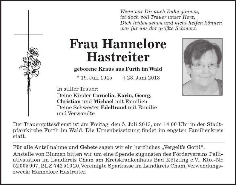 Traueranzeige Hannelore Hastreiter