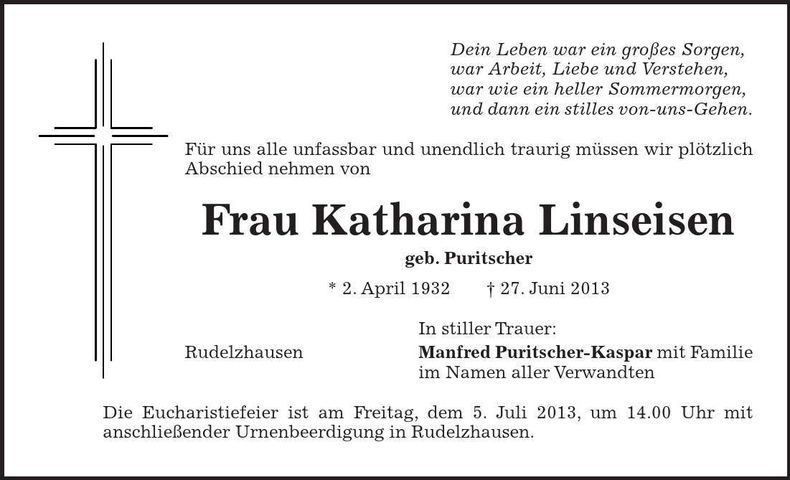 Traueranzeige Katharina Linseisen