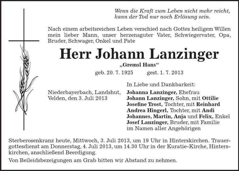 Traueranzeige Johann Lanzinger