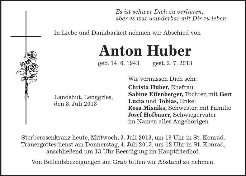 Traueranzeige Anton Huber