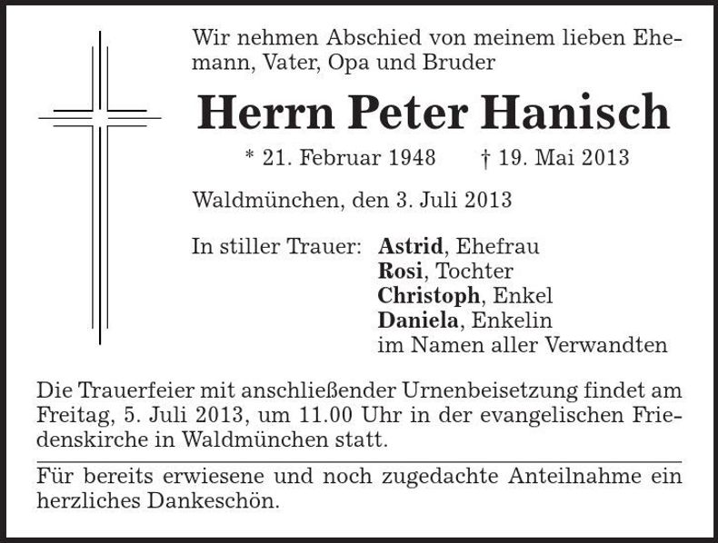 Traueranzeige Peter Hanisch