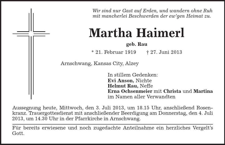 Traueranzeige Martha Haimerl