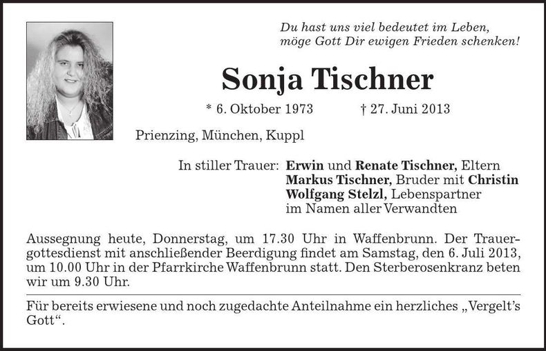 Traueranzeige Sonja Tischner