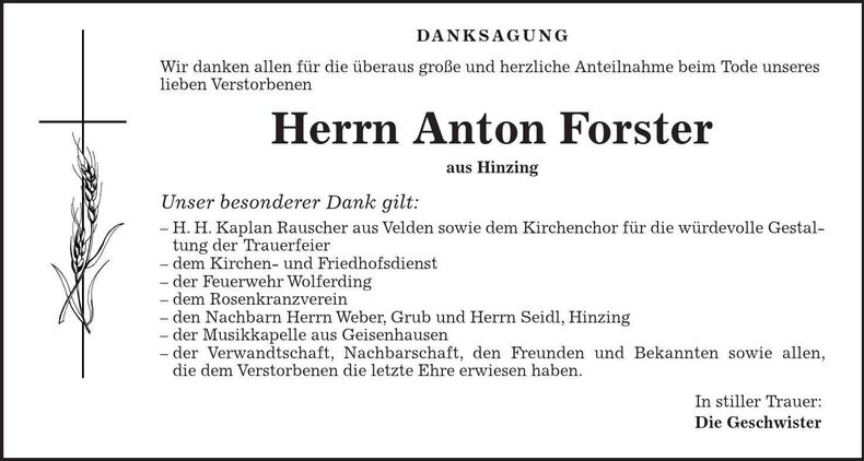 Traueranzeige Anton Forster