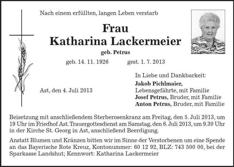 Traueranzeige Katharina Lackermeier