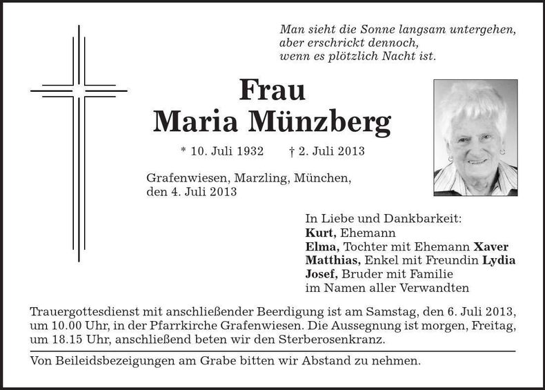 Traueranzeige Maria Münzberg