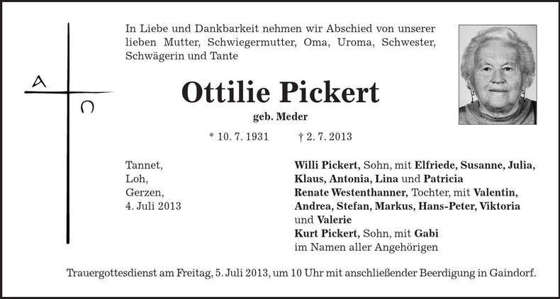 Traueranzeige Ottilie Pickert