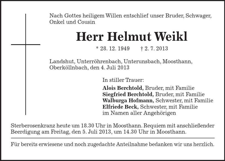 Traueranzeige Helmut Weikl
