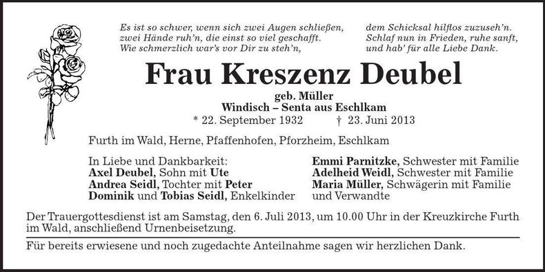 Traueranzeige Kreszenz Deubel