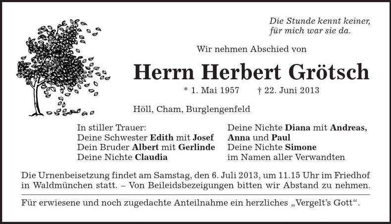 Traueranzeige Herbert Grötsch