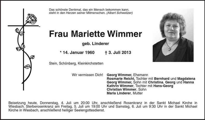 Traueranzeige Mariette Wimmer