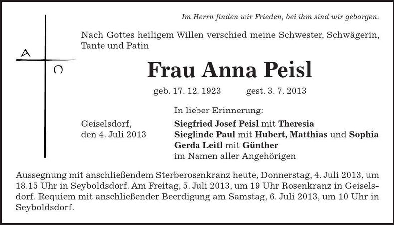 Traueranzeige Anna Peisl