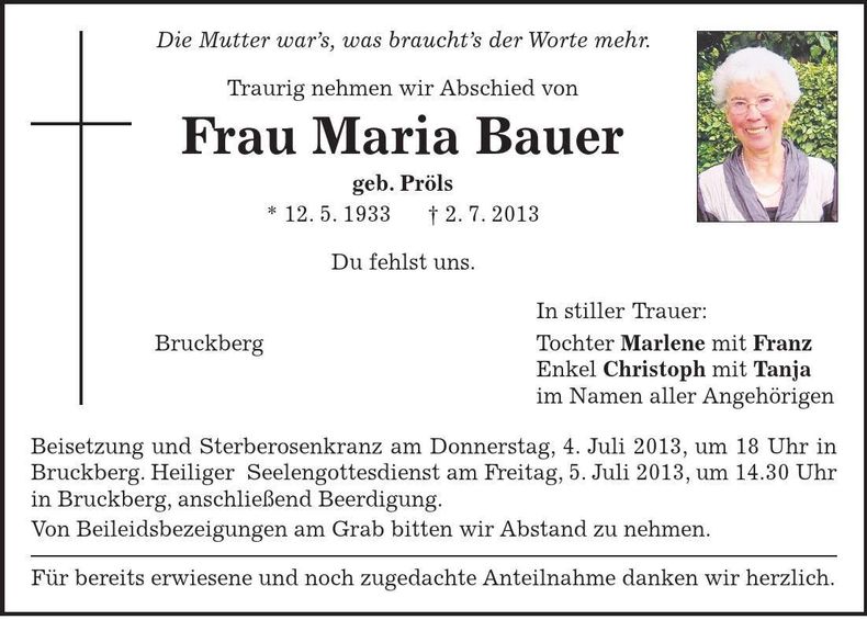 Traueranzeige Maria Bauer