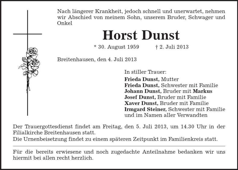 Traueranzeige Horst Dunst