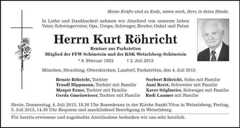 Traueranzeige Kurt Röhricht