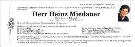 Traueranzeige Heinz Miedaner