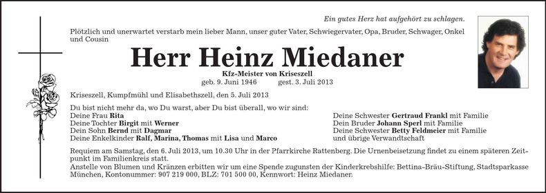 Traueranzeige Heinz Miedaner