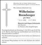 Traueranzeige Wilhelmine Bremberger