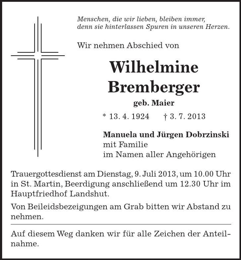 Traueranzeige Wilhelmine Bremberger