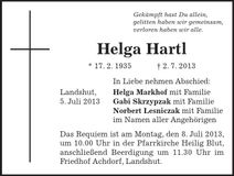 Traueranzeige Helga Hartl