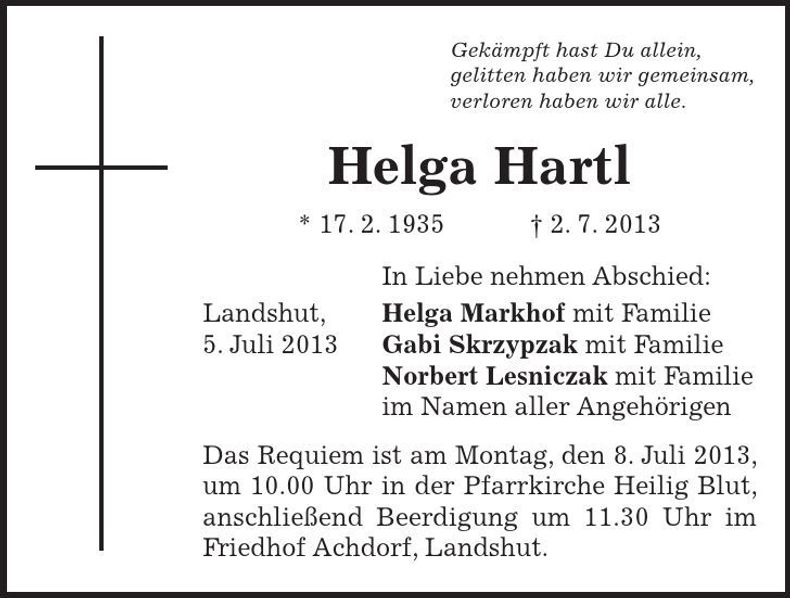 Traueranzeige Helga Hartl