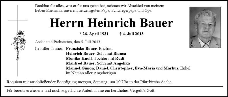 Traueranzeige Heinrich Bauer