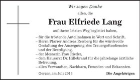 Traueranzeige Elfriede Lang