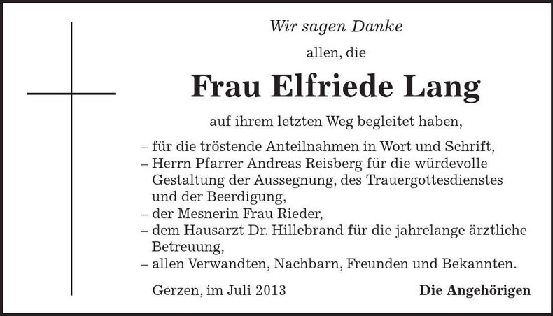 Traueranzeige Elfriede Lang
