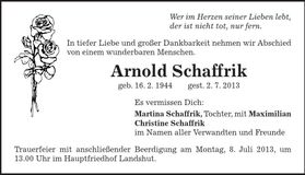 Traueranzeige Arnold Schaffrik