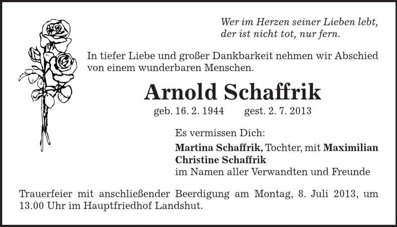 Traueranzeige Arnold Schaffrik
