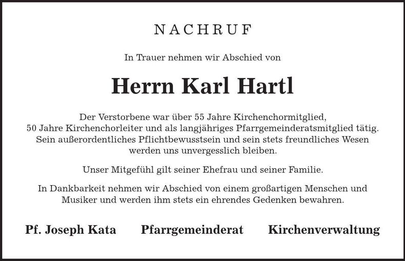 Traueranzeige Karl Hartl