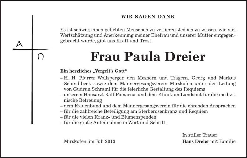 Traueranzeige Paula Dreier