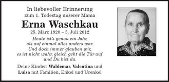 Traueranzeige Erna Waschkau