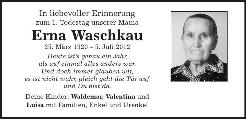 Traueranzeige Erna Waschkau