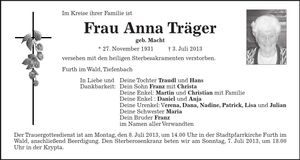Traueranzeige Anna Träger