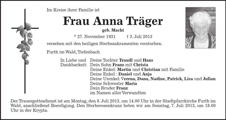 Traueranzeige Anna Träger
