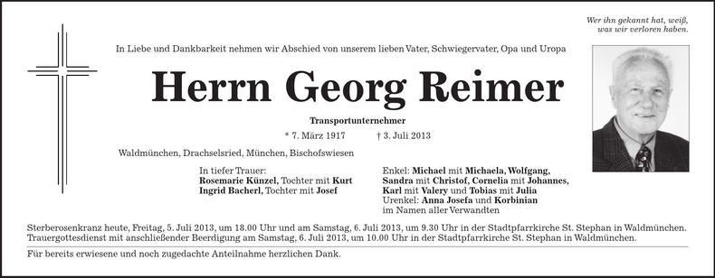 Traueranzeige Georg Reimer