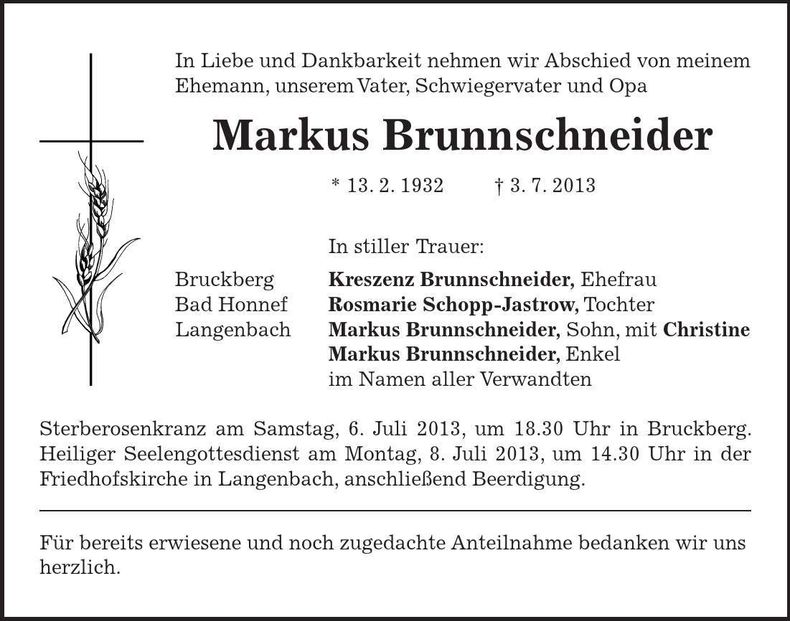 Traueranzeige Markus Brunnschneider