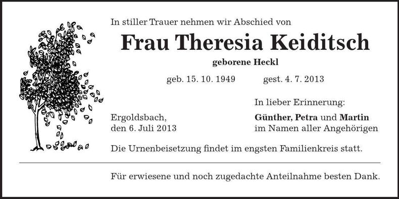 Traueranzeige Theresia Keiditsch