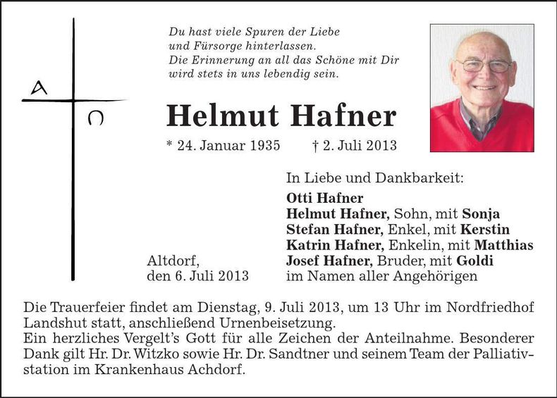 Traueranzeige Helmut Hafner