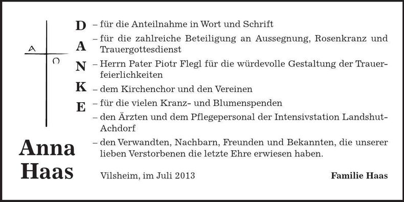 Traueranzeige Anna Haas