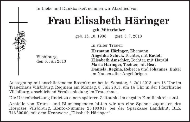 Traueranzeige Elisabeth Häringer