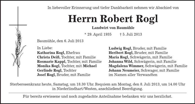 Traueranzeige Robert Rogl