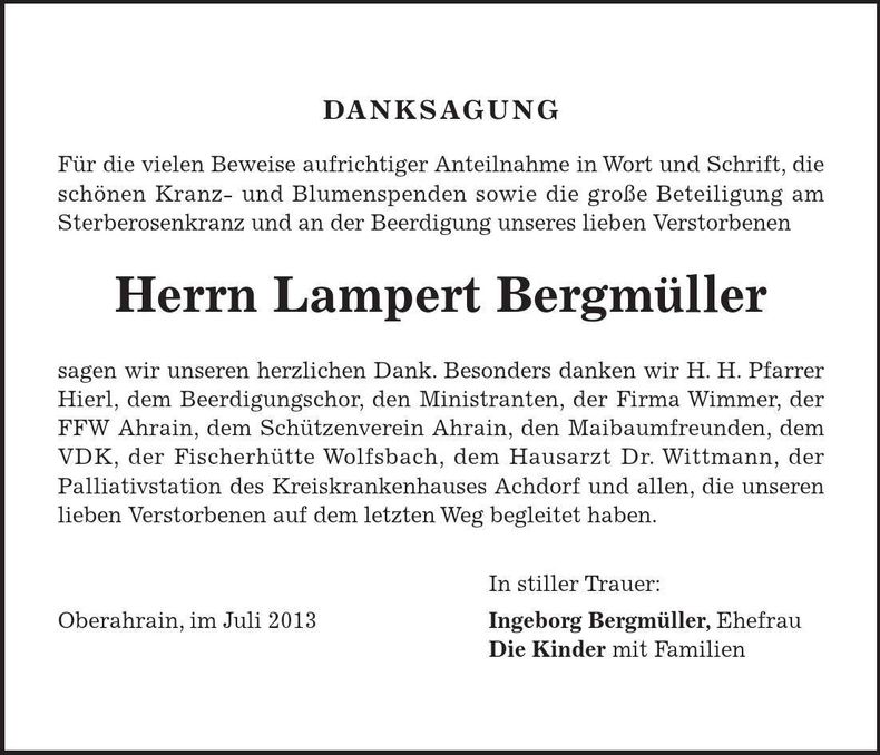 Traueranzeige Lampert Bergmüller